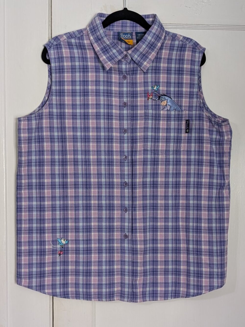 VTG Disney Pooh Women Eeyore Plaid Sleeveless Button Up Shirt 14W 16W Embroidery
